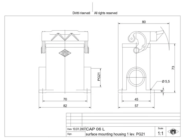 surface mounting housing, high, size 44.27, C-TYPE alu, 1 lever, 1xPG21 side