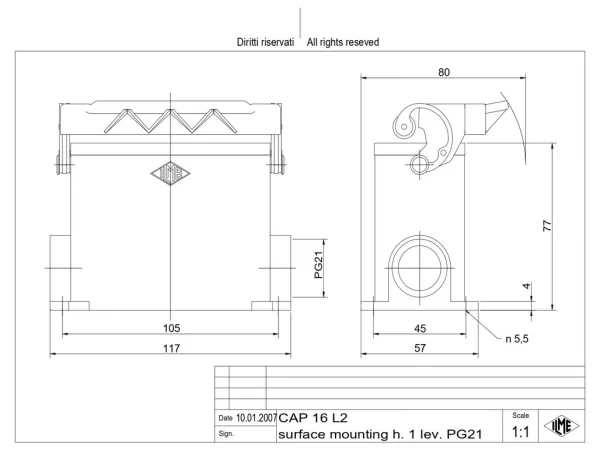 surface mounting housing, high, size 77.27, C-TYPE alu, 1 lever, 2xPG21 side