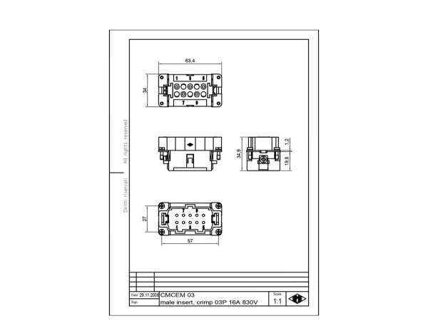 male insert, size 57.27, 3+2p+PE, crimp, 16A, 830V