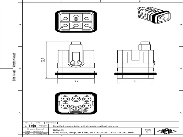 male insert, size 21.21, 5p+PE, crimp, 16A, 230/400V, HNM