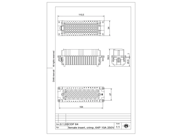 female insert, size 104.27, 64p+PE, crimp, 10A, 250V