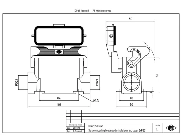 surface mounting housing, high, size 66.16, IL-BRID alu, 1 lever, 2xPG21 side, cov.