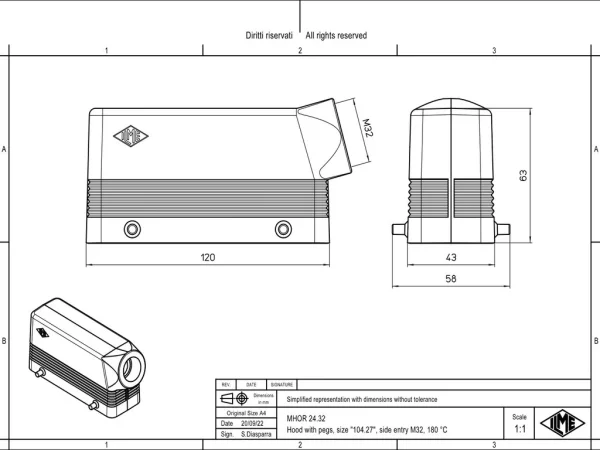 hood, size 104.27, 180 °C alu, 4 pegs, 1xM32 side
