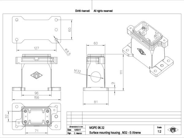 surface mounting housing, size 44.27, IP68 E-Xtreme alu, screw locking, 1xM32 side