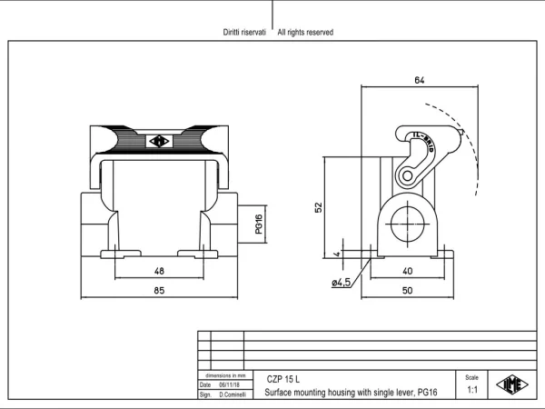 surface mounting housing, size 49.16, IL-BRID alu, 1 lever, 1xPG16 side