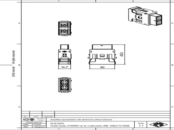 female insert, MIXO HNM, 1MU, 8p, crimp, 10A, 50V, megabit,  double cable entry, with contact to PE