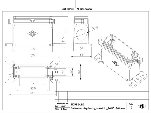 surface mounting housing, size 104.27, IP68 E-Xtreme alu, screw locking, 2xM40 side