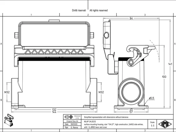 surface mounting housing, size 104.27, IL-BRID stainless steel, 1 lever, 2xM32 side