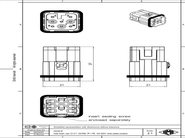 male insert, size 21.21, 7+PE, AXYR® push-in connection, 10A, 250V