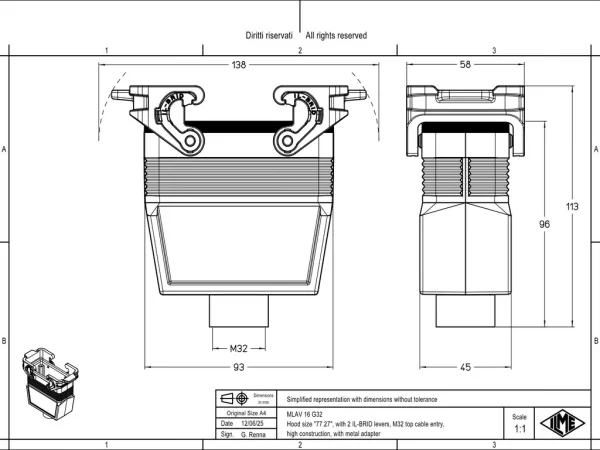 hood, size 77.27, IL-BRID stainless steel, 2 levers, 1xM32 top