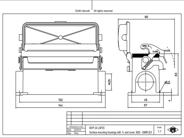 surface mounting housing, size 104.27, V-TYPE alu, 1 lever stainless steel, 1xM25 side, spring cover
