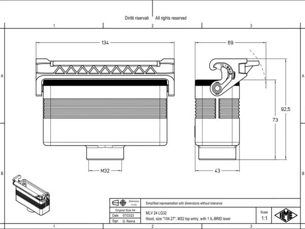 hood, size 104.27, IL-BRID stainless steel, 1 lever, 1xM32 top