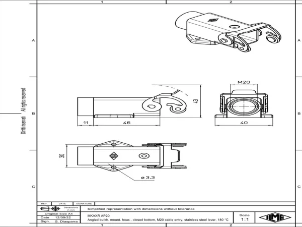 bulkhead mounting housing, angled, size 21.21, 180°C zinc, 1 lever stainless steel, 1xM20 side, closed bottom