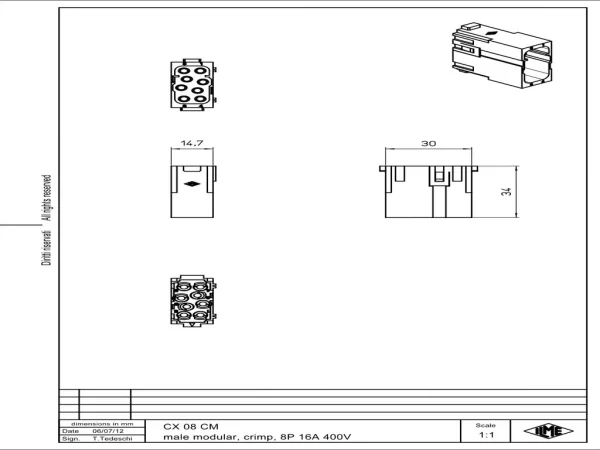 male insert, MIXO, 1MU, 8p, crimp, 16A, 400V
