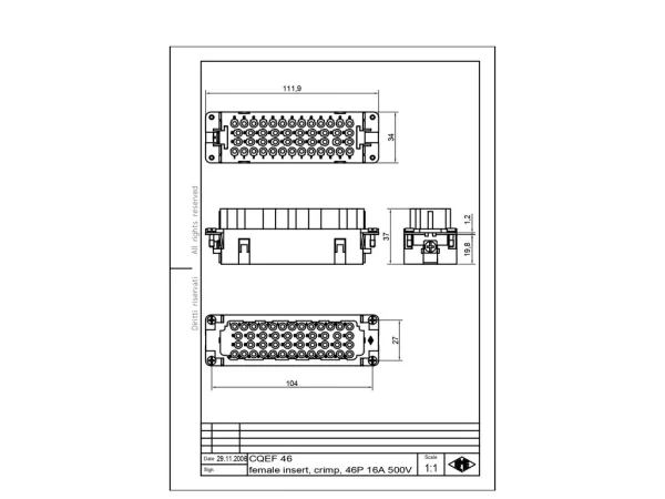 female insert, size 104.27, 46p+PE, crimp, 16A, 500V
