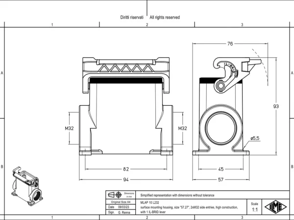 surface mounting housing, size 57.27, IL-BRID stainless steel, 1 lever, 2xM32 side