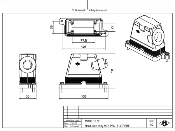 hood, size 77.27, IP68 E-Xtreme alu, screw locking, 1xM32 side