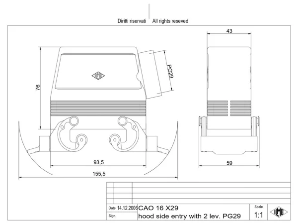 hood, high, size 77.27, C-TYPE alu, 2 levers, 1xPG29 side