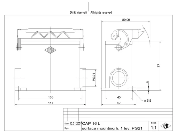 surface mounting housing, high, size 77.27, C-TYPE alu, 1 lever, 1xPG21 side