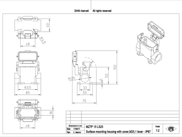 surface mounting housing, size 49.16, CZ7 alu, 1 rigid lever, 1xM25 side, cover metal