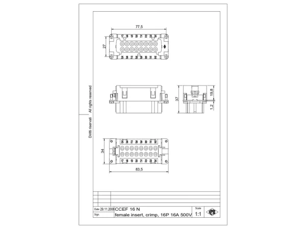 female insert, 16p+PE, crimp, 16A, 500V, for size 77.62 no.17-32