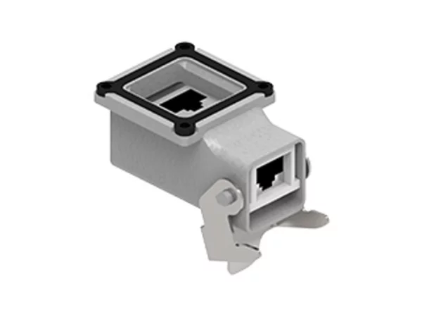 bulkhead mounting connector, angled, size 21.21, zinc, 1 rigid lever stainless steel, 8p, RJ45
