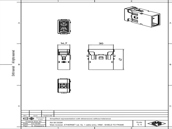 male insert, MIXO HNM, 1MU, 8p, crimp, 10A, 50V, megabit, with contact to PE