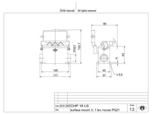 surface mounting housing, size 77.27, C-TYPE alu, 1 lever, 1xPG21 side, cov.