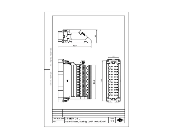 male insert, size 104.27, 24p+PE, silver, spring, 16A, 500V, left