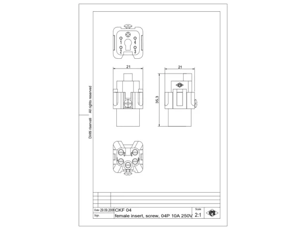 female insert, size 21.21, 4p+PE, silver, screw, 10A, 230/400V
