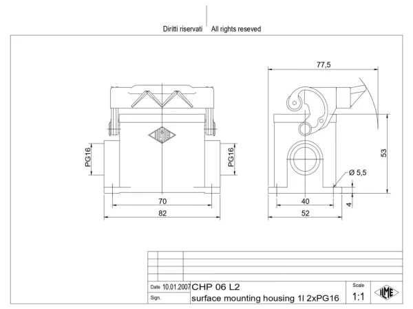 surface mounting housing, size 44.27, C-TYPE alu, 1 lever, 2xPG16 side
