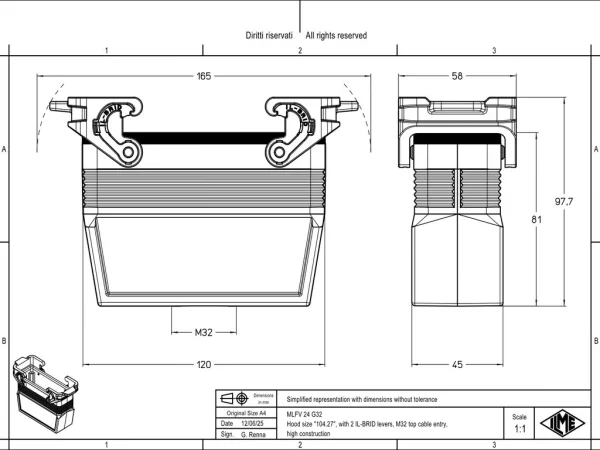 hood, size 104.27, IL-BRID stainless steel, 2 levers, 1xM32 top