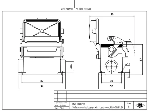 surface mounting housing, size 57.27, V-TYPE alu, 1 lever stainless steel, 1xM20 side, spring cover