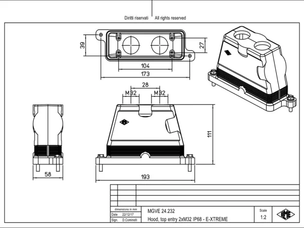 hood, size 104.27, IP68 E-Xtreme alu, screw locking, 2xM32 top
