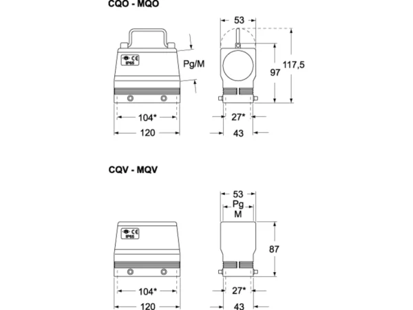 hood, size 104.27, C-TYPE alu, 4 pegs, 1xM40 top, extended terminal compartment