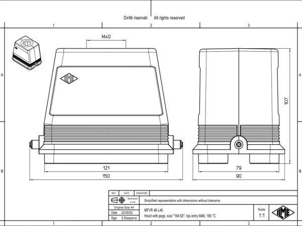 hood, size 104.62, 180 °C alu, 2 pegs, 1xM40 top
