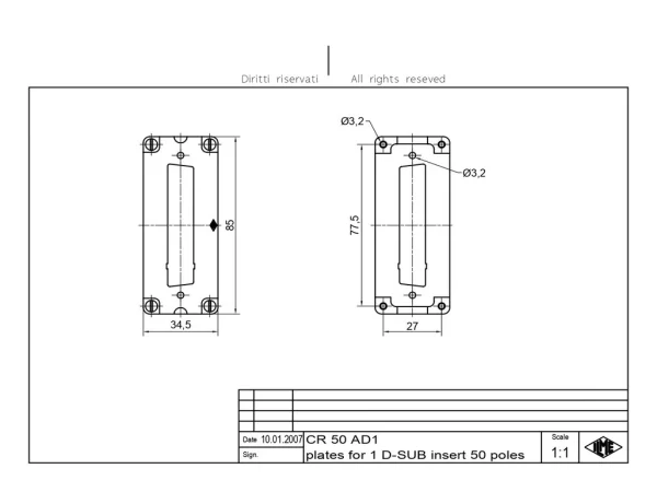 adapter plate, size 77.27, for D-SUB 50p+GND