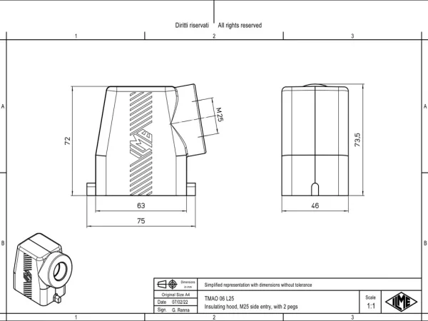 hood, high, size 44.27, T-TYPE plastic, 2 pegs, 1xM25 side
