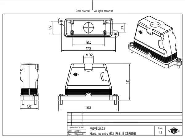 hood, size 104.27, IP68 E-Xtreme alu, screw locking, 1xM32 top
