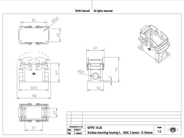 surface mounting housing, size 57.27, E-Xtreme alu, 2 levers, 1xM20 side