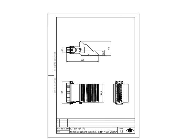 female insert, size 104.27, 64p+PE, silver, spring, 10A, 250V, right