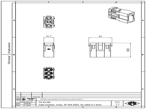 male insert, MIXO, 1MU, 3p, crimp, 40A, 400, 690V