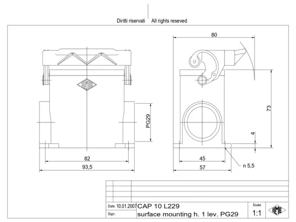 surface mounting housing, high, size 57.27, C-TYPE alu, 1 lever, 2xPG29 side