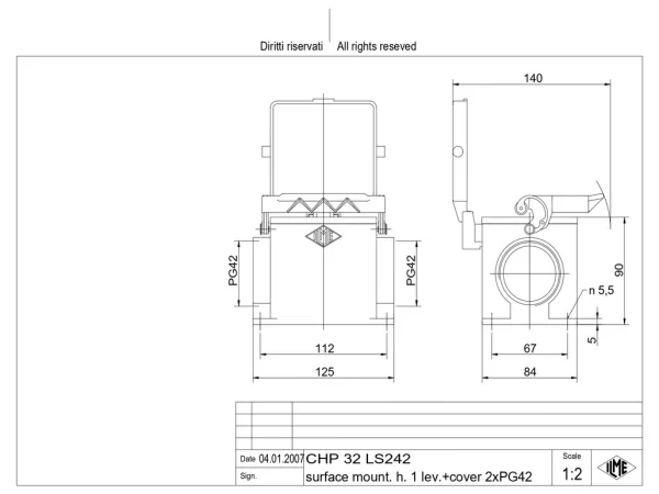 surface mounting housing, size 77.62, C-TYPE alu, 1 lever, 2xPG42 side, cov.