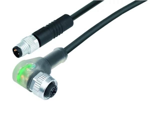Male cable connector M8x1 - Female angled connector with LED PNP NOC M12x1