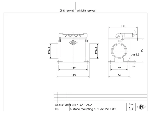 surface mounting housing, size 77.62, C-TYPE alu, 1 lever, 2xPG42 side