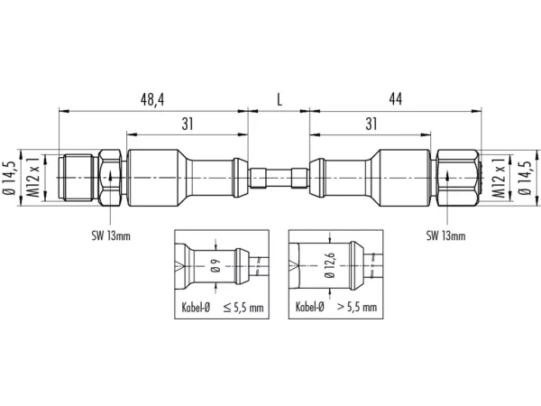 Connecting cable, Male cable connector M12x1 - Female cable connector M12x1