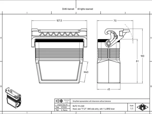 hood, size 77.27, IL-BRID stainless steel, 1 lever, 1xM40 side