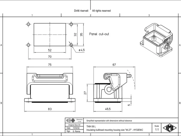 bulkhead mounting housing, size 44.27, T-TYPE /H plastic, 1 lever