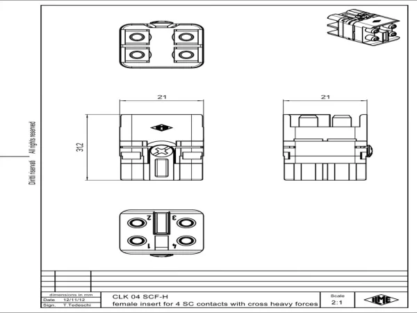 adaptor, size 21.21, 4p, for fibre optic SC-contact, with metallic sleeve, female